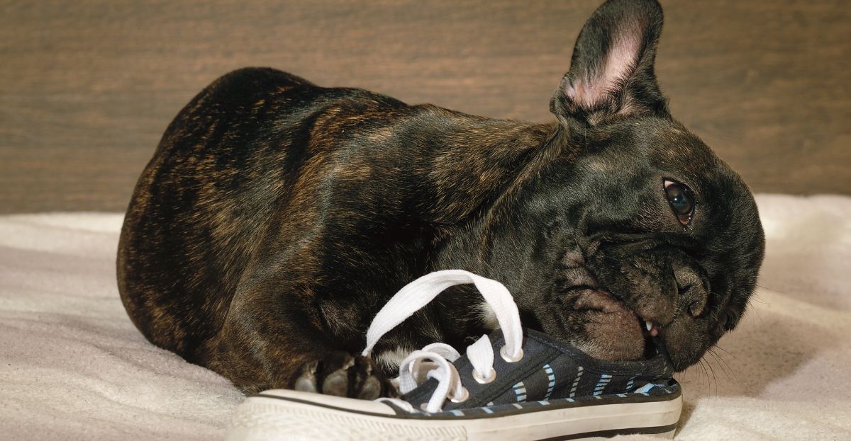 A black French bulldog is lying on a beige surface, playfully stealing and chewing a black and white sneaker.